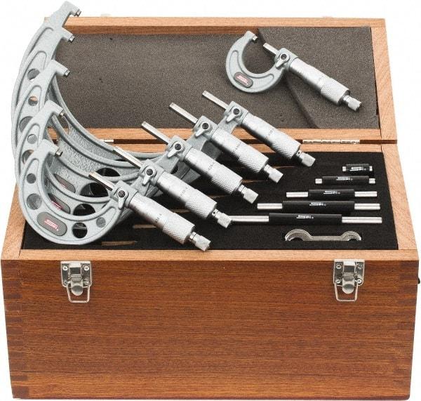 SPI - 0 to 6" Range, 6 Piece Mechanical Outside Micrometer Set - 0.0001" Graduation, 0.0001, 0.0002" Accuracy, Ratchet Stop Thimble - Caliber Tooling