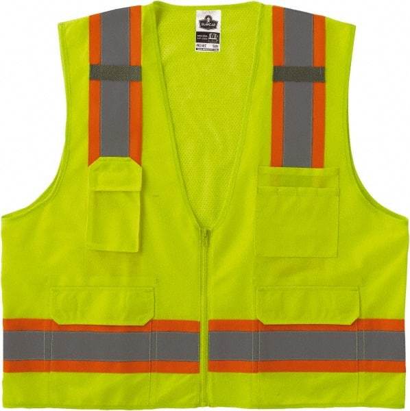 Ergodyne - Size S/M High Visibility Lime Mesh/Solid Surveyor's Vest - 36 to 44" Chest, ANSI/ISEA 107, Zipper Closure, 6 Pockets, Polyester - Caliber Tooling