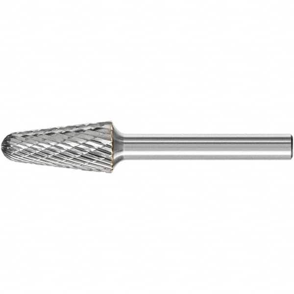 PFERD - 1/2" Cut Diam, 1/4" Shank Diam, Taper Head Double Cut Burr - Carbide, Radius End, 1-1/8" LOC, 3.16" OAL - Caliber Tooling