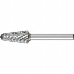 PFERD - 1/2" Cut Diam, 1/4" Shank Diam, Taper Head Double Cut Burr - Carbide, Radius End, 1-1/8" LOC, 3.16" OAL - Caliber Tooling