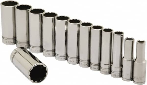 Ability One - 1/2" Drive Deep Well Socket Set - 12 Points, 3/8" to 1-1/8" Range, Inch Measurement Standard - Caliber Tooling