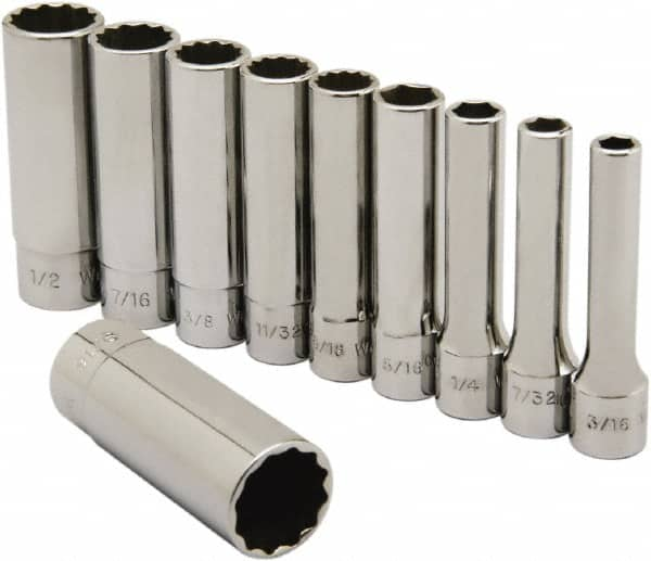 Ability One - 1/4" Drive Deep Well Socket Set - 6, 12 Points, 3/16" to 9/16" Range, Inch Measurement Standard - Caliber Tooling