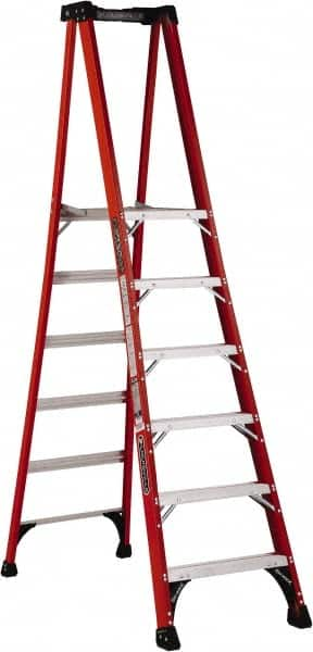 Louisville - 3 Steps, 3' High, Type IAA Rating, Fiberglass Platform Ladder - 375 Lb Load Capacity, 23-1/32" Base Width - Caliber Tooling