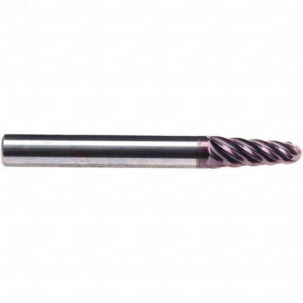 Emuge - 4° Taper Angle per Side, 17.44mm Small End Diam, 36mm LOC, Solid Carbide 6 Flute Tapered Ball End Mill - TiAlN Finish, 108mm OAL, 20mm Shank Diam, Spiral Flute, 38° Helix - Caliber Tooling