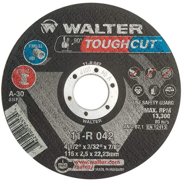 WALTER Surface Technologies - 4-1/2" 30 Grit Aluminum Oxide Cutoff Wheel - 3/32" Thick, 7/8" Arbor, 13,300 Max RPM, Use with Angle Grinders - Caliber Tooling