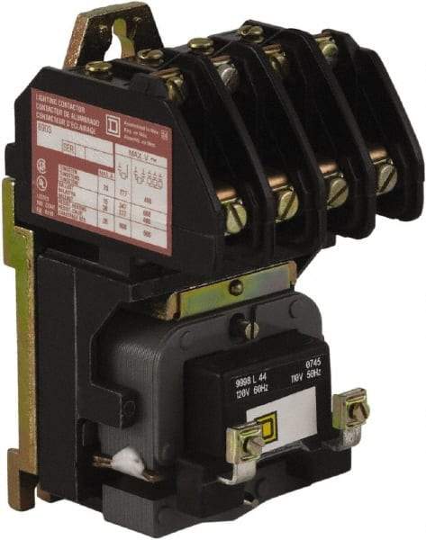 Square D - No Enclosure, 4 Pole, Electrically Held Lighting Contactor - 20 A (Tungsten), 30 A (Fluorescent), 110 VAC at 50 Hz, 120 VAC at 60 Hz, 4NO Contact Configuration - Caliber Tooling