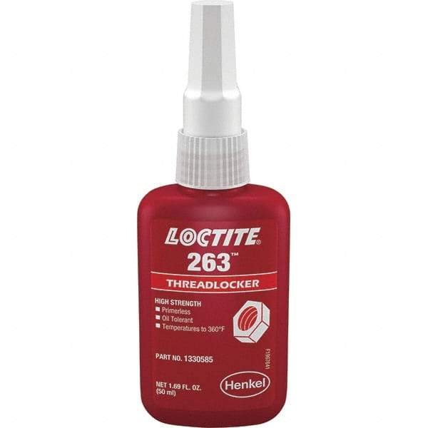 Loctite - 50 mL Bottle, Red, High Strength Liquid Threadlocker - Series 263, 24 hr Full Cure Time, Hand Tool, Heat Removal - Caliber Tooling