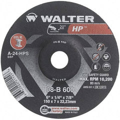 WALTER Surface Technologies - 24 Grit, 6" Wheel Diam, 1/4" Wheel Thickness, 7/8" Arbor Hole, Type 27 Depressed Center Wheel - Aluminum Oxide, Resinoid Bond, 10,200 Max RPM - Caliber Tooling