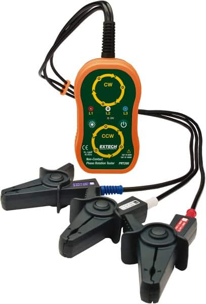 Extech - 3 Phase, 75 to 1,000 VAC, 45 to 65 Hz, 14 to 122°F, LED Display Phase Rotation Tester - AA, Includes (4) AA Batteries, Pouch Case, Test Leads with Large Color-Coded Alligator Clips, CAT III 600 V, CE, EN 61010-1 - Caliber Tooling