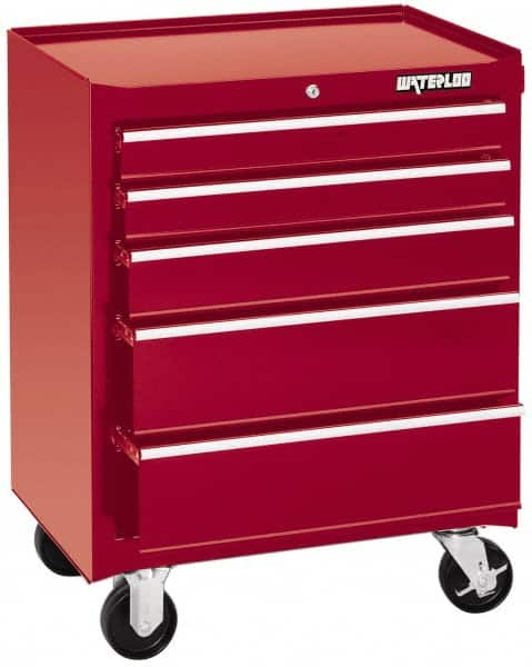 Waterloo - 5 Drawer 1,100 Lb Capacity Steel Tool Roller Cabinet - 26-1/2" Wide x 34-1/2" High x 18" Deep, Ball Bearing Drawer Slides, Red - Caliber Tooling