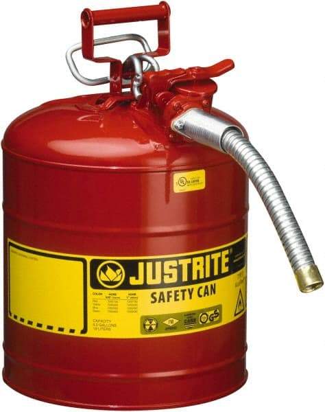 Justrite - 5 Gal Galvanized Steel Type II Safety Can - 17-1/2" High x 11-3/4" Diam, Red with Yellow - Caliber Tooling