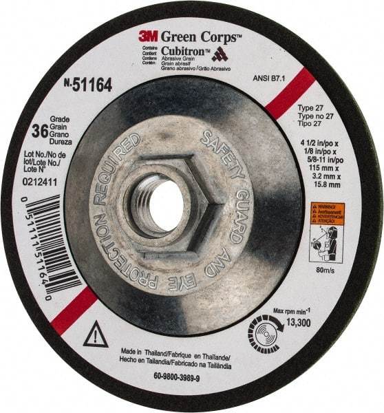 3M - 36 Grit, 4-1/2" Wheel Diam, 1/8" Wheel Thickness, Type 27 Depressed Center Wheel - Ceramic, 13,300 Max RPM, Compatible with Angle Grinder - Caliber Tooling