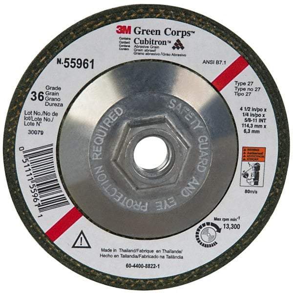 3M - 36 Grit, 4-1/2" Wheel Diam, 1/4" Wheel Thickness, Type 27 Depressed Center Wheel - Ceramic, 13,300 Max RPM, Compatible with Angle Grinder - Caliber Tooling