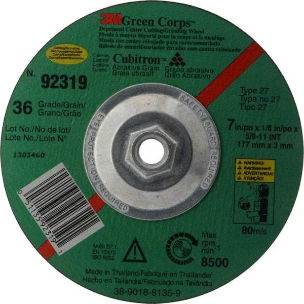 3M - 36 Grit, 7" Wheel Diam, 1/8" Wheel Thickness, Type 27 Depressed Center Wheel - Ceramic, 8,500 Max RPM, Compatible with Angle Grinder - Caliber Tooling