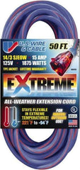 Value Collection - 50', 14/3 Gauge/Conductors, Blue/Pink Indoor & Outdoor Extension Cord - 1 Receptacle, 15 Amps, 125 Volts, UL SJEOW, NEMA 5-15P - Caliber Tooling