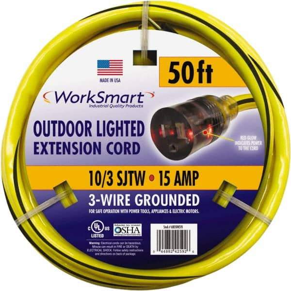 Value Collection - 50', 10/3 Gauge/Conductors, Yellow/Black Outdoor Extension Cord - 1 Receptacle, 15 Amps, UL SJTW, NEMA 5-15P - Caliber Tooling