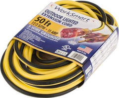 Value Collection - 50', 12/3 Gauge/Conductors, Yellow/Black Outdoor Extension Cord - 1 Receptacle, 15 Amps, UL SJTW, NEMA 5-15P - Caliber Tooling