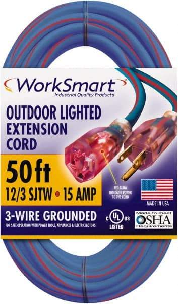 Value Collection - 50', 12/3 Gauge/Conductors, Blue/Red Outdoor Extension Cord - 1 Receptacle, 15 Amps, UL SJTW, NEMA 5-15P - Caliber Tooling