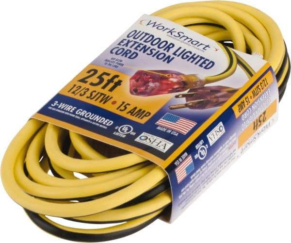 Value Collection - 25', 12/3 Gauge/Conductors, Yellow/Black Outdoor Extension Cord - 1 Receptacle, 15 Amps, UL SJTW, NEMA 5-15P - Caliber Tooling