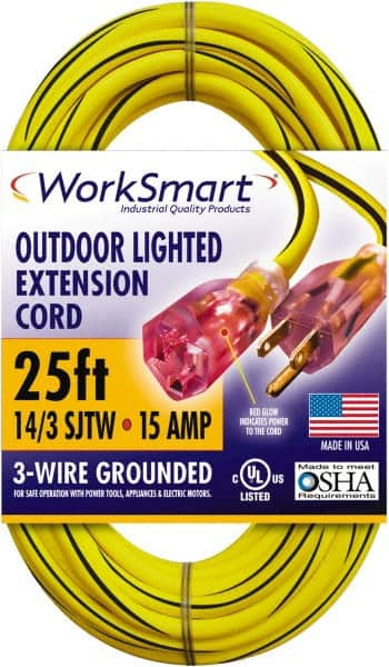 Value Collection - 25', 14/3 Gauge/Conductors, Yellow/Black Outdoor Extension Cord - 1 Receptacle, 15 Amps, UL SJTW, NEMA 5-15P - Caliber Tooling