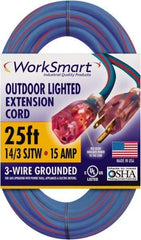 Value Collection - 25', 14/3 Gauge/Conductors, Blue/Red Outdoor Extension Cord - 1 Receptacle, 15 Amps, UL SJTW, NEMA 5-15P - Caliber Tooling