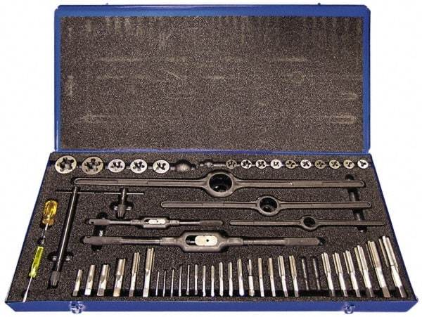 Cle-Line - 1/8-27 to M18x1.50 Tap, 1/4-20 to 1/2-20 Die, NPT, UNC, UNF, Tap and Die Set - Plug Taps, Adjustable, 52 Piece Set - Exact Industrial Supply