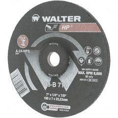 Value Collection - 24 Grit, 7" Wheel Diam, 1/4" Wheel Thickness, 7/8" Arbor Hole, Type 27 Depressed Center Wheel - Aluminum Oxide, Resinoid Bond, 8,600 Max RPM - Caliber Tooling