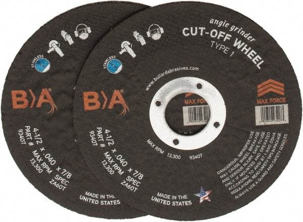 Value Collection - 4-1/2" Aluminum Oxide Cutoff Wheel - 0.04" Thick, 7/8" Arbor, 17,000 Max RPM - Caliber Tooling