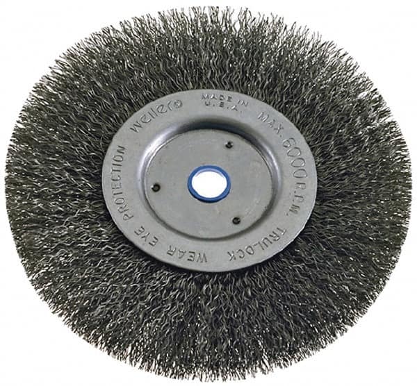 Weiler - 6" OD, 2" Arbor Hole, Crimped Steel Wheel Brush - 1-1/4" Face Width, 1-1/8" Trim Length, 0.008" Filament Diam, 6,000 RPM - Caliber Tooling