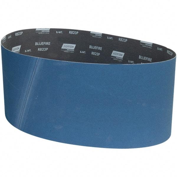 Norton - 9" Wide x 60" OAL, 120 Grit, Zirconia Alumina Abrasive Belt - Zirconia Alumina, Coated, X Weighted Cloth Backing - Caliber Tooling