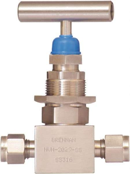 Brennan - 1/2" Pipe, Straight Needle Valve - PTFE Seal, NPT Ends, Stainless Steel Valve, 6,000 Max psi - Caliber Tooling