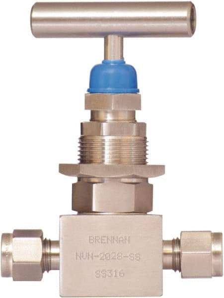 Brennan - 1/2" Pipe, Straight Needle Valve - PTFE Seal, NPT Ends, Stainless Steel Valve, 6,000 Max psi - Caliber Tooling