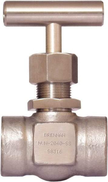 Brennan - 3/8" Pipe, Straight Needle Valve - PTFE Seal, NPT Ends, Stainless Steel Valve, 6,000 Max psi - Caliber Tooling