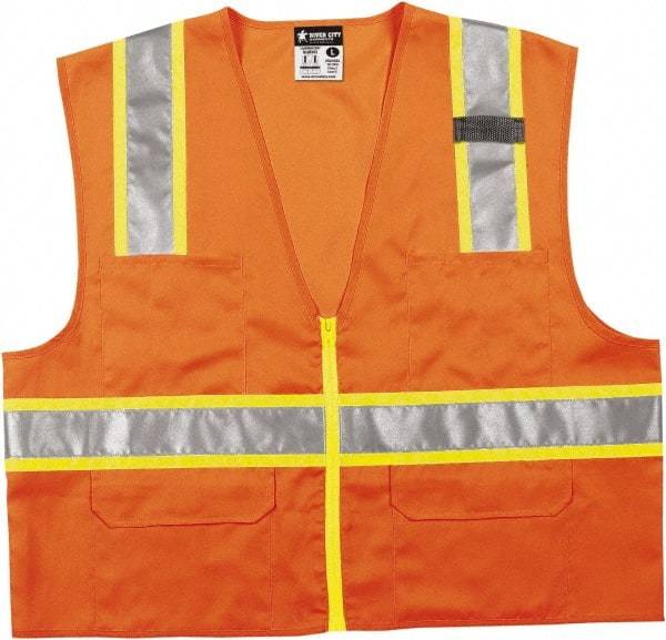 MCR Safety - Size 4XL High Visibility Orange Mesh Surveyor's Vest - 28.4" Chest, ANSI 107-2015, Zipper Closure, 6 Pockets, Polyester - Caliber Tooling