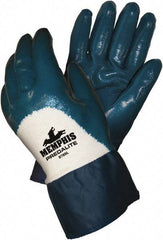 MCR Safety - Size XL (10), 10-1/2" Long, 18 mil Thick, Supported, Nitrile Chemical Resistant Gloves - Textured Finish, Interlock Knit Lined, Safety Cuff, Blue - Caliber Tooling