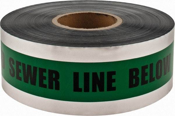 PRO-SAFE - Caution: Buried Sewer Line Below, Detectable Underground Tape - 1,000 Ft. Long x 3 Inch Wide Roll, Polyethylene on Aluminum, 5 mil Thick, Green - Caliber Tooling