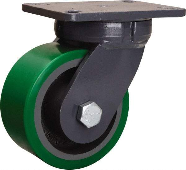 Hamilton - 6" Diam x 3" Wide x 8" OAH Top Plate Mount Swivel Caster - Polyurethane Mold onto Cast Iron Center, 2,200 Lb Capacity, Tapered Roller Bearing, 5-1/4 x 7-1/4" Plate - Caliber Tooling