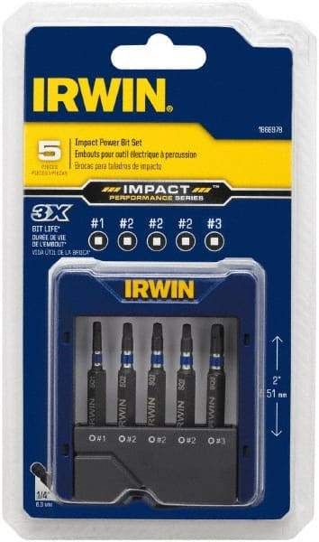 Irwin - 5 Piece, Screwdriver Power Bit Set - #1 to #3 Square Recess - Caliber Tooling