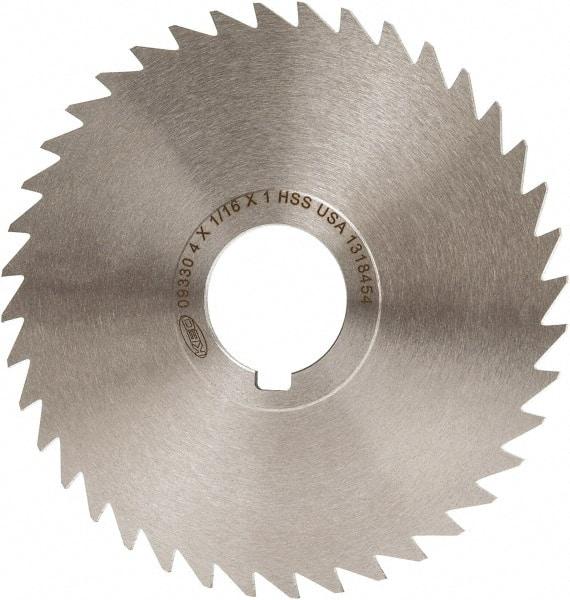 Keo - 4" Diam x 1/16" Blade Thickness x 1" Arbor Hole Diam, 40 Tooth Slitting and Slotting Saw - Arbor Connection, Right Hand, Uncoated, High Speed Steel, Concave Ground, Contains Keyway - Caliber Tooling