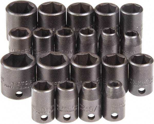 Proto - 20 Piece 3/8" Drive Chrome Finish Impact Socket Set - 6 Points, 1/4" to 3/4" (7mm to 17mm) Range, Inch/Metric Measurement Standard - Caliber Tooling