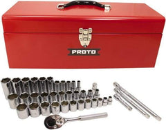 Proto - 39 Piece 3/8" & 1/2" Drive Chrome Finish Deep Well Socket Set - 6 Points, 5/16" to 1" Range, Inch Measurement Standard - Caliber Tooling