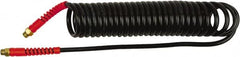 PRO-SOURCE - 1/4" ID, 1/4 Thread, 15' Long, Black Polyurethane Coiled & Self Storing Hose - 145 Max psi, Male Swivel x Male Swivel - Caliber Tooling