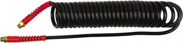 PRO-SOURCE - 1/4" ID, 1/4 Thread, 10' Long, Black Polyurethane Coiled & Self Storing Hose - 145 Max psi, Male Swivel x Male Swivel - Caliber Tooling