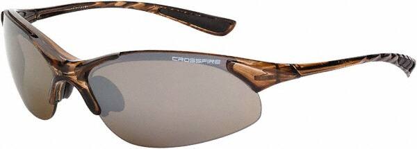 CrossFire - Brown Flash Mirror Lenses, Framed Safety Glasses - Scratch Resistant, Crystal Brown Frame, Size Universal, Wrap Around - Caliber Tooling