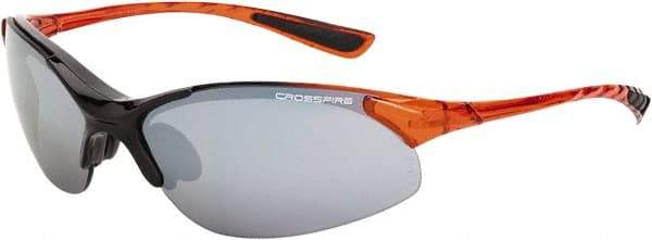 CrossFire - Silver Mirror Lenses, Framed Safety Glasses - Scratch Resistant, Black/Orange Frame, Size Universal, Wrap Around - Caliber Tooling