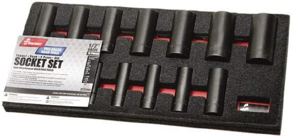 Ability One - 13 Piece 1/2" Drive Deep Well Impact Socket Set - 6 Points, 1/8" to 1-1/4" Range, Inch Measurement Standard - Caliber Tooling