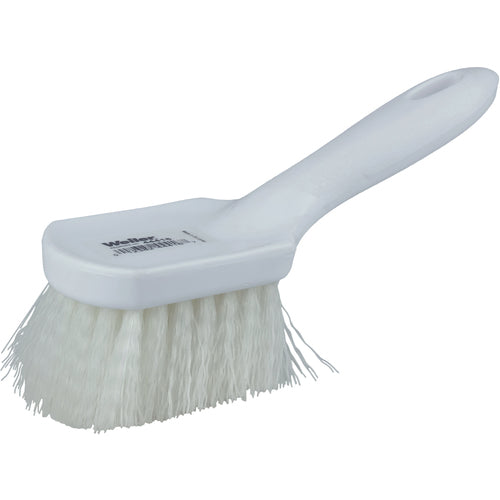 8″ Utility Scrub Brush, White Nylon Fill, Short Handle, Plastic Block - Caliber Tooling