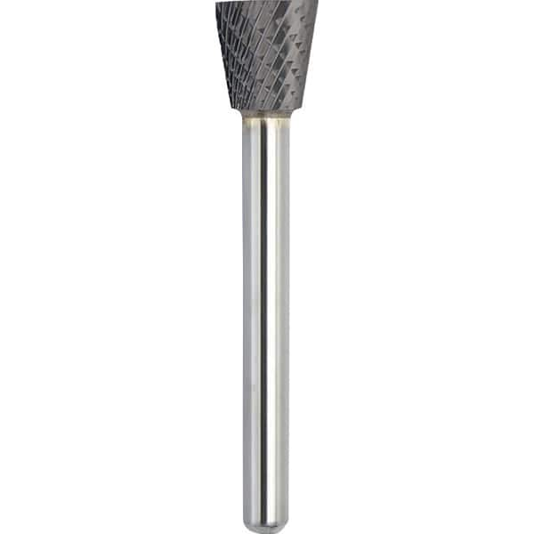 Made in USA - 1/2" Cut Diam, 0.2362" Shank Diam, Inverted Cone Head Double Cut Burr - Carbide, 12.7mm LOC, 57.7mm OAL - Caliber Tooling