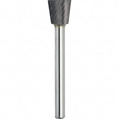 Made in USA - 1/2" Cut Diam, 1/4" Shank Diam, Inverted Cone Head Single Cut Burr - Carbide, 1/2" LOC, 2-1/4" OAL - Caliber Tooling