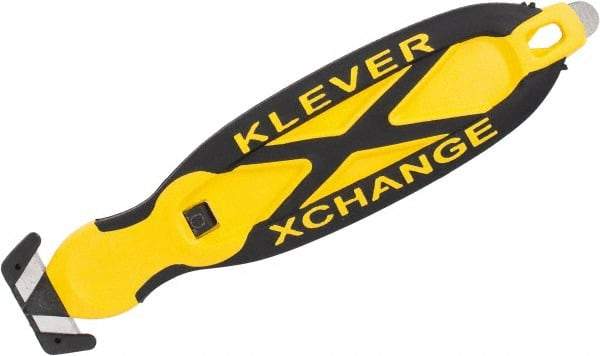 Klever Innovations - Recessed/Hook Blade Box Cutter - 5-3/4" Carbon Steel Blade, Yellow Plastic Handle, 2 Blades Included - Caliber Tooling